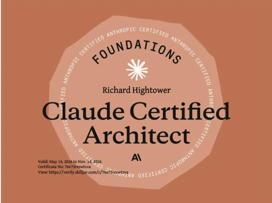 Richard Hightower, Anthropic Claude Certified Architect (Foundations), valid May 14 2026 to Nov 14 2026