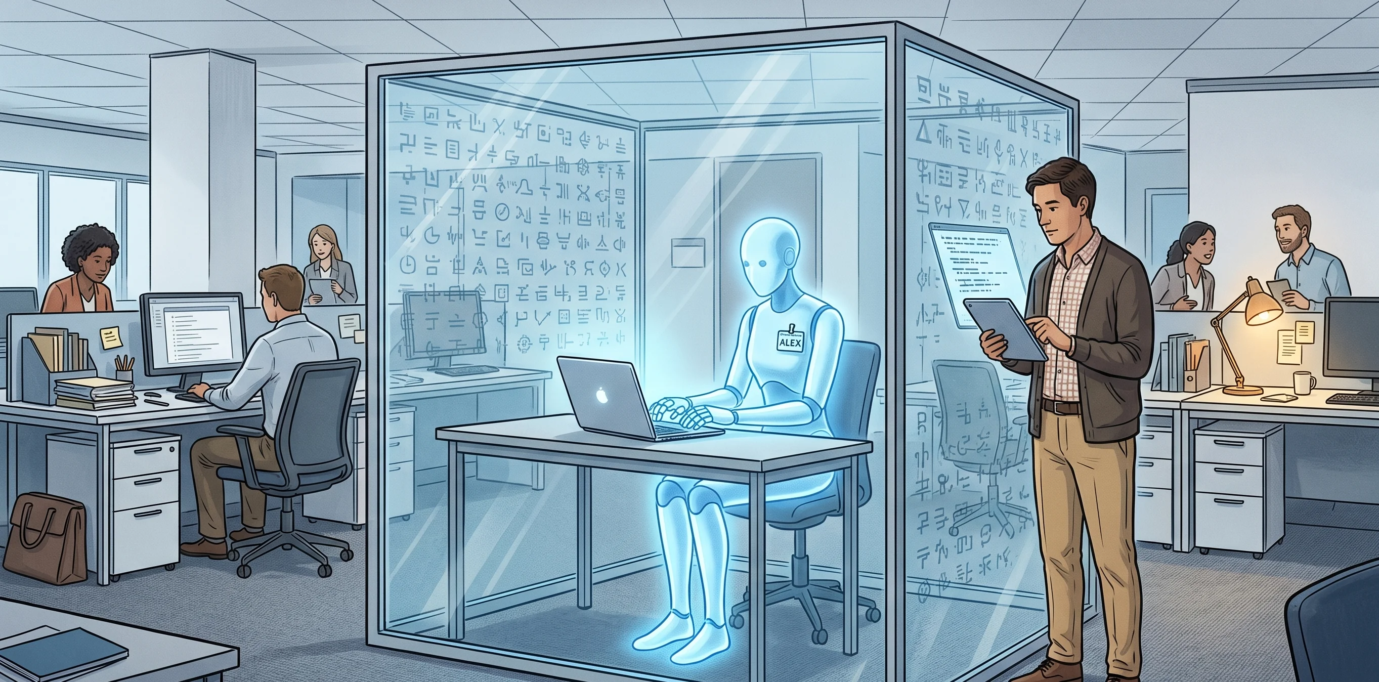 An AI worker named Alex working in a glass-walled cubicle within a modern office, with a human supervisor reviewing real-time activity on a tablet outside, while human coworkers go about their day in the background.