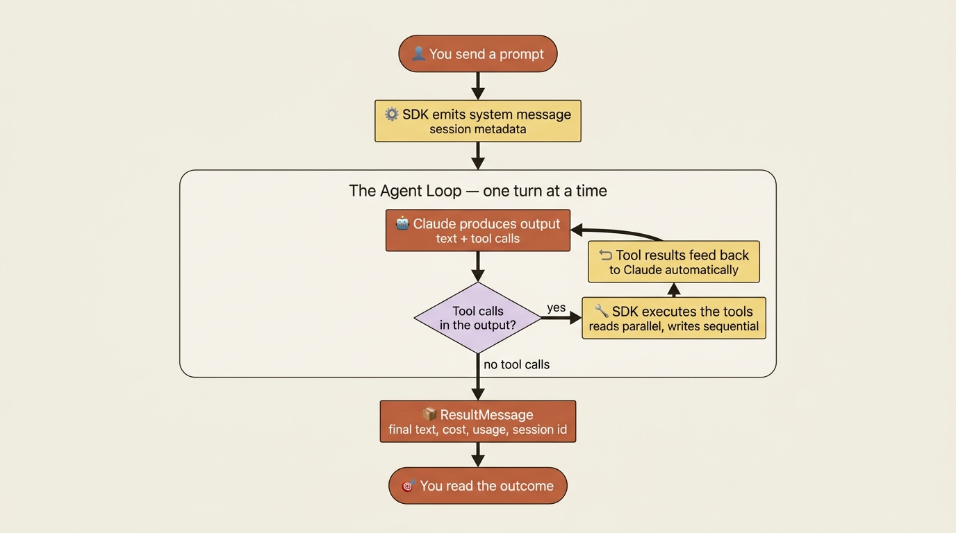 Flowchart of the agent loop: the SDK sends your prompt, Claude produces output, and as long as that output contains tool calls the SDK executes them and feeds results back; when there are no tool calls the loop ends with a ResultMessage.