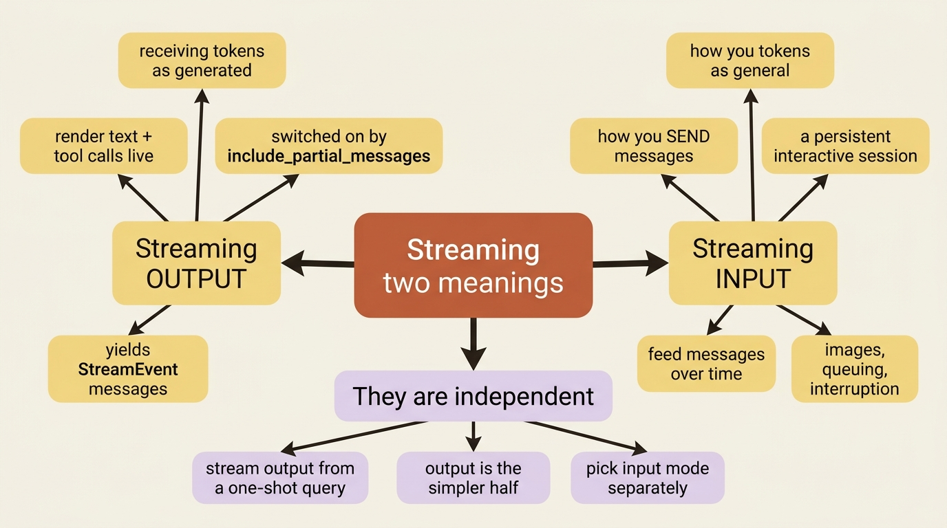 A mindmap contrasting streaming output and streaming input: output is about receiving tokens as they generate, input is about sending messages over a long-lived session, and the two are independent choices.