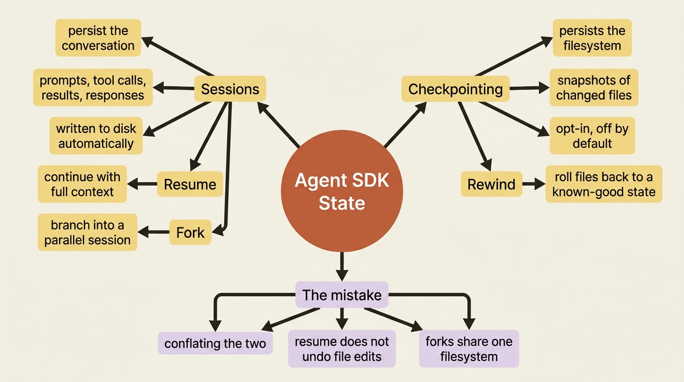 A mindmap of Agent SDK state: sessions persist the conversation and support resume and fork, while checkpointing persists the filesystem and supports rewind. The central mistake is conflating the two.