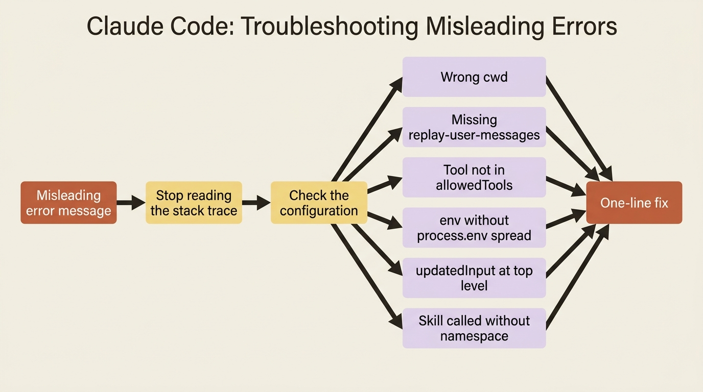 A flowchart showing a misleading error message routed away from the stack trace and into a configuration check, where six common causes each resolve to a one-line fix.