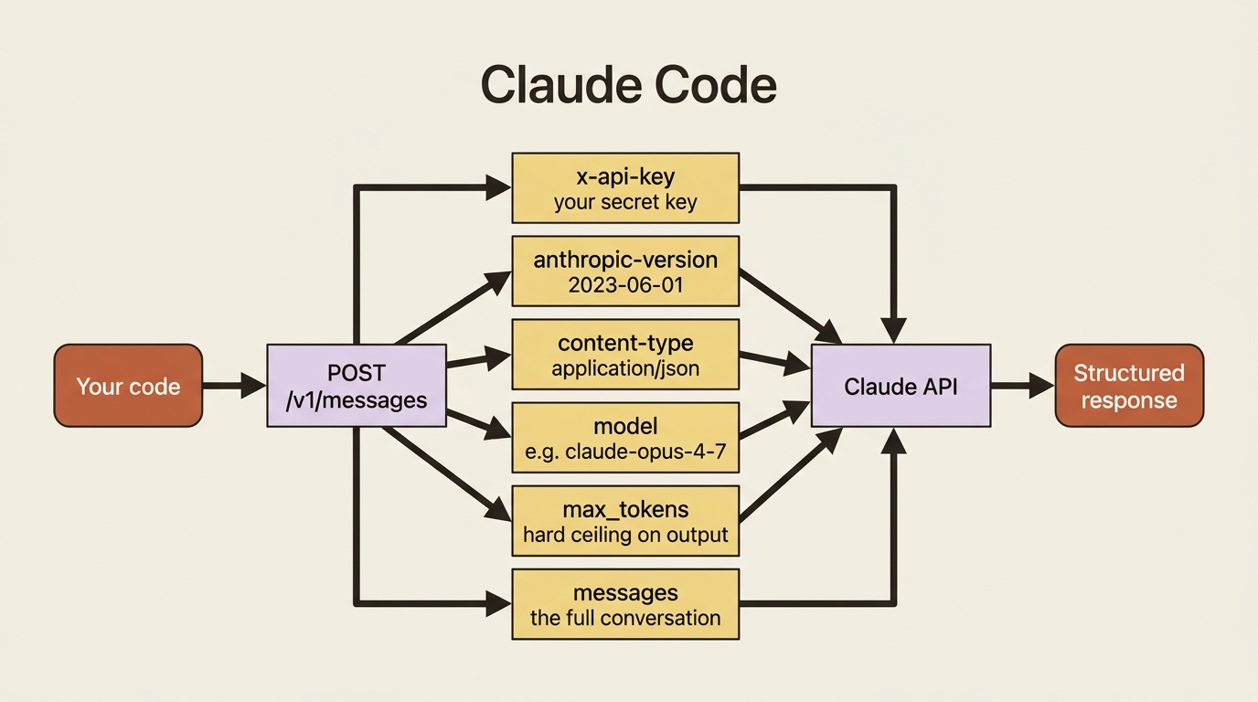 What travels in a single Claude API call: three required headers and three required body fields, all converging on POST /v1/messages.