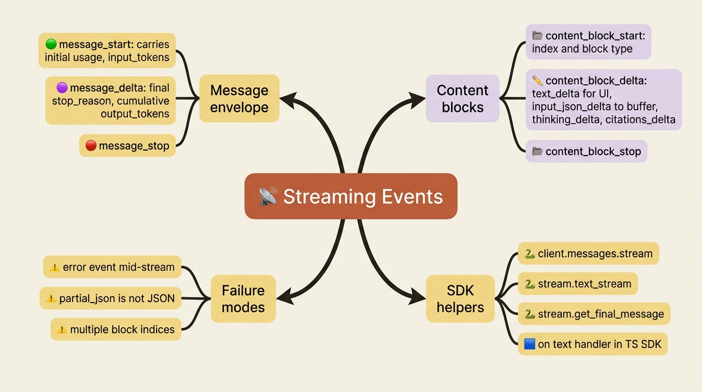 Mindmap of the streaming event taxonomy: the message envelope, the content block deltas, the failure modes, and the SDK helpers that wrap them.