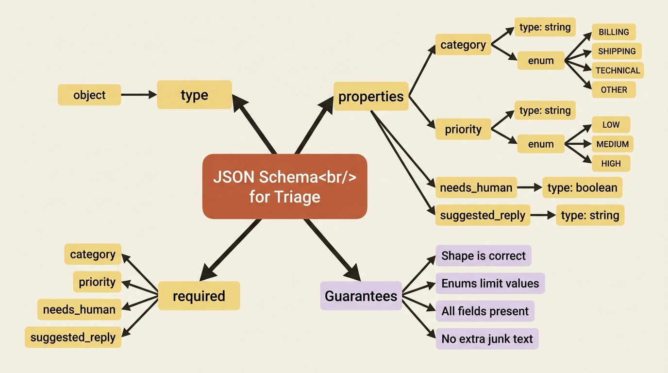 A mindmap of the triage JSON schema showing the object root, the four properties (category and priority with their enums, needs_human as boolean, suggested_reply as string), the required-fields list, and a final branch summarizing the four guarantees the API provides: correct shape, limited values, all fields present, no extra junk text.