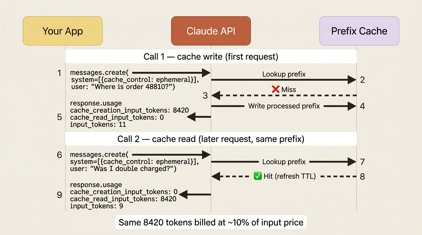 A sequence diagram of two consecutive calls: the first writes a large prefix to the cache, the second reads the same number back as cache_read_input_tokens at a fraction of the price.