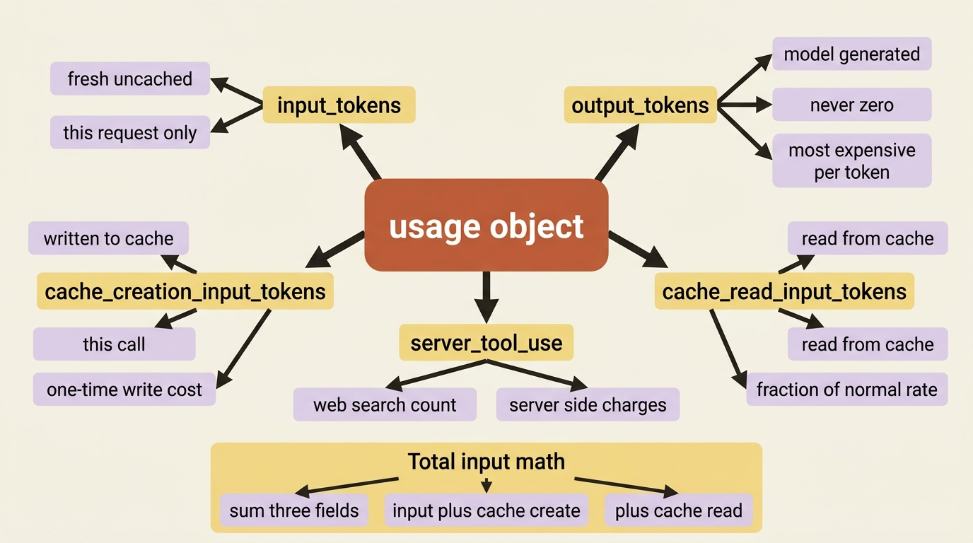 A mindmap of every field on the usage object: fresh input tokens, output tokens, cache creation, cache read, server tool use counts, and the rule that total input is the sum of three input fields.