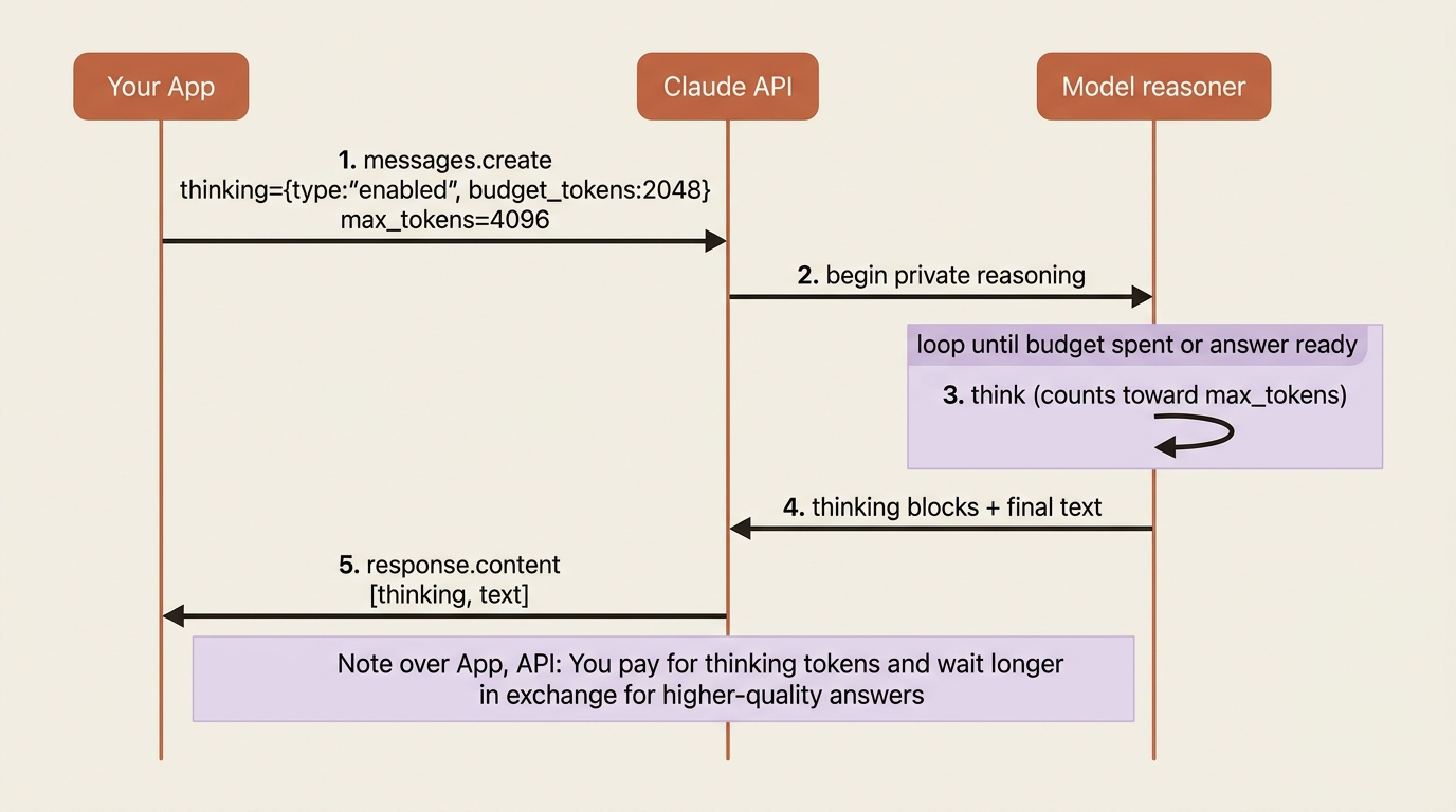 A sequence diagram of extended thinking: the app sends thinking={type:'enabled', budget_tokens:2048}, the model reasons privately until the budget is spent or an answer is ready, and the response returns thinking blocks alongside the final text block.