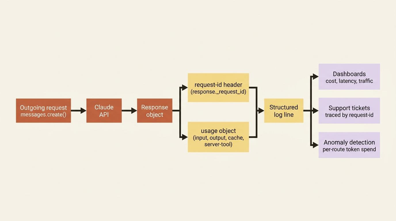 Every response carries a request-id header and a usage object. Log both on every call and they feed your dashboards, support tickets, and anomaly detection.