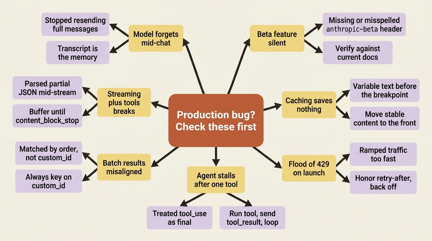A mindmap of the recurring production bugs in a Claude integration: each branch names the symptom and the one fix that resolves it.