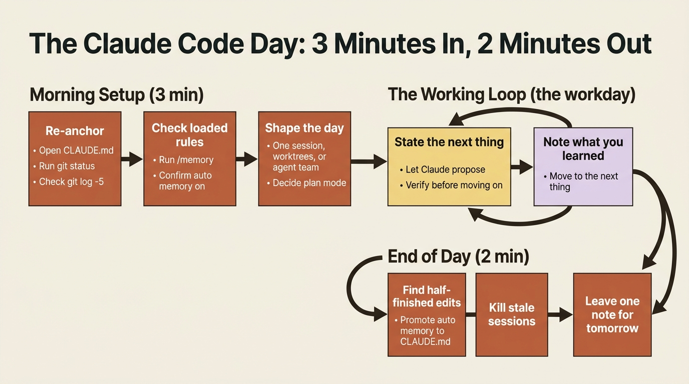 The Claude Code day in three movements: three minutes of setup, a working loop that fills the day, and two minutes of cleanup.