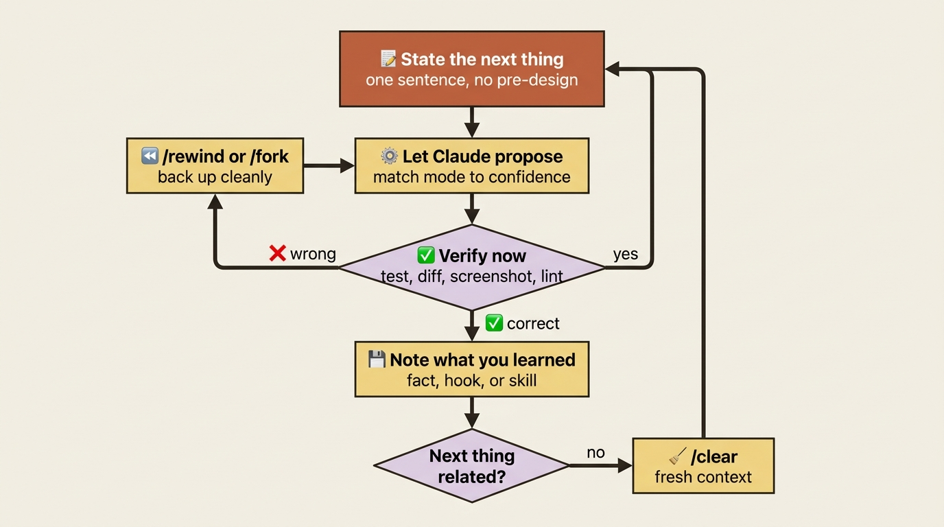 The working loop: state, propose, verify, note, advance. Verification feeds back into the loop so drift is caught the moment it happens.