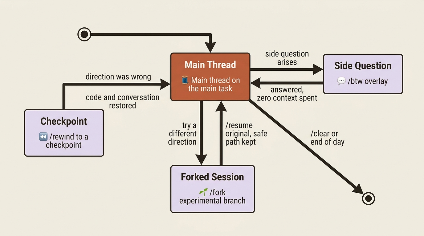 Three commands keep the main thread on the main task: /btw spends no context, /fork preserves the safe path, /rewind restores from a checkpoint.