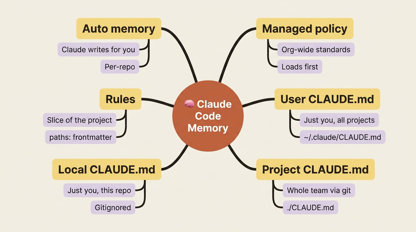 A mindmap of the five layers of Claude Code memory, from organization-wide managed policy down to the machine-local auto memory Claude maintains for you.