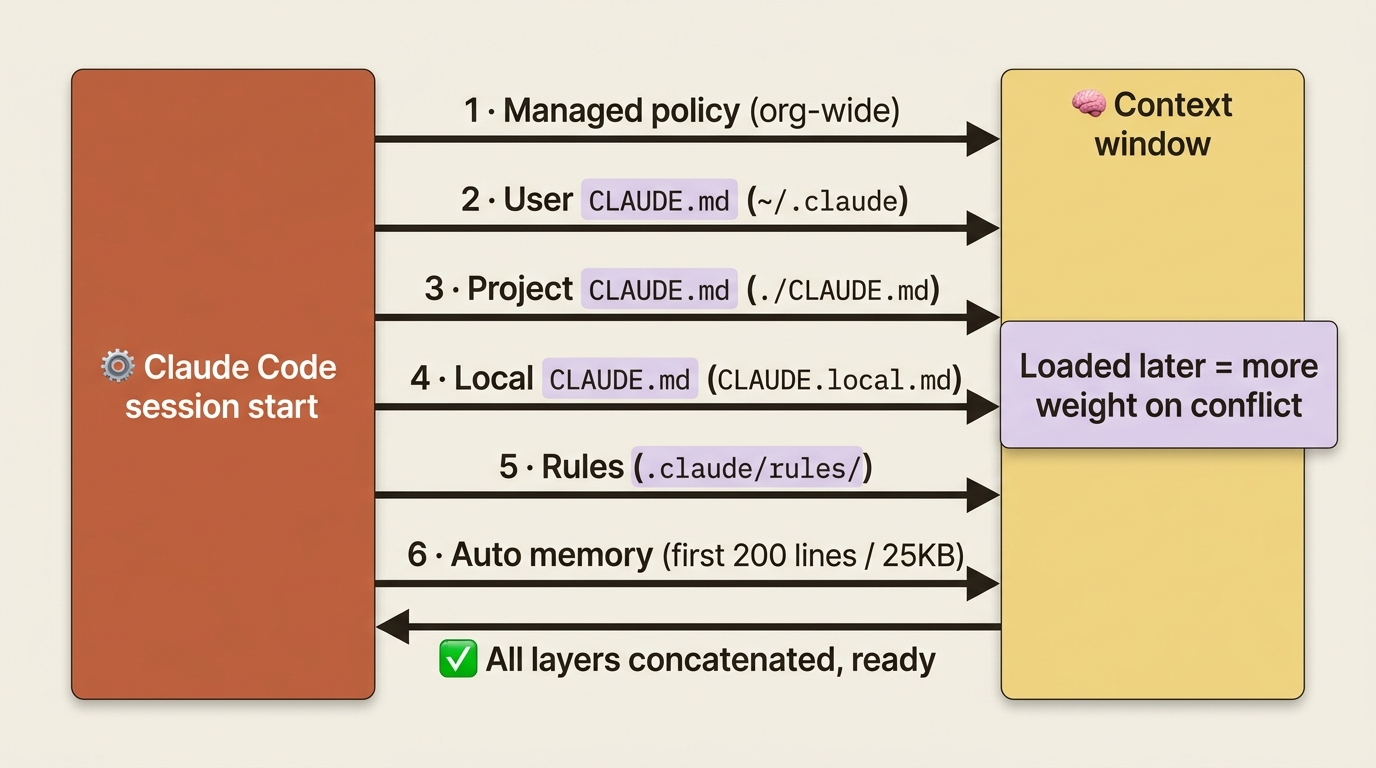 A sequence diagram showing the order in which Claude Code concatenates each memory layer into the context window at session start.