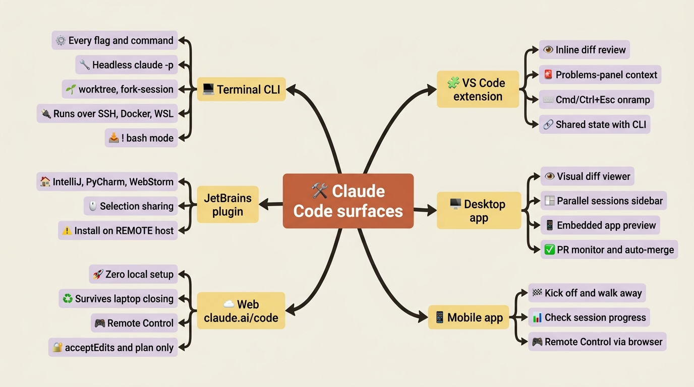 Mindmap of feature availability across all six Claude Code surfaces