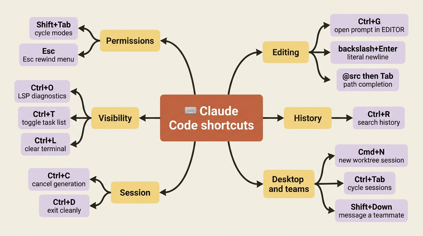 A mindmap of Claude Code keyboard shortcuts grouped by what you are doing: permissions, editing, visibility, history, session control, and desktop or team work.