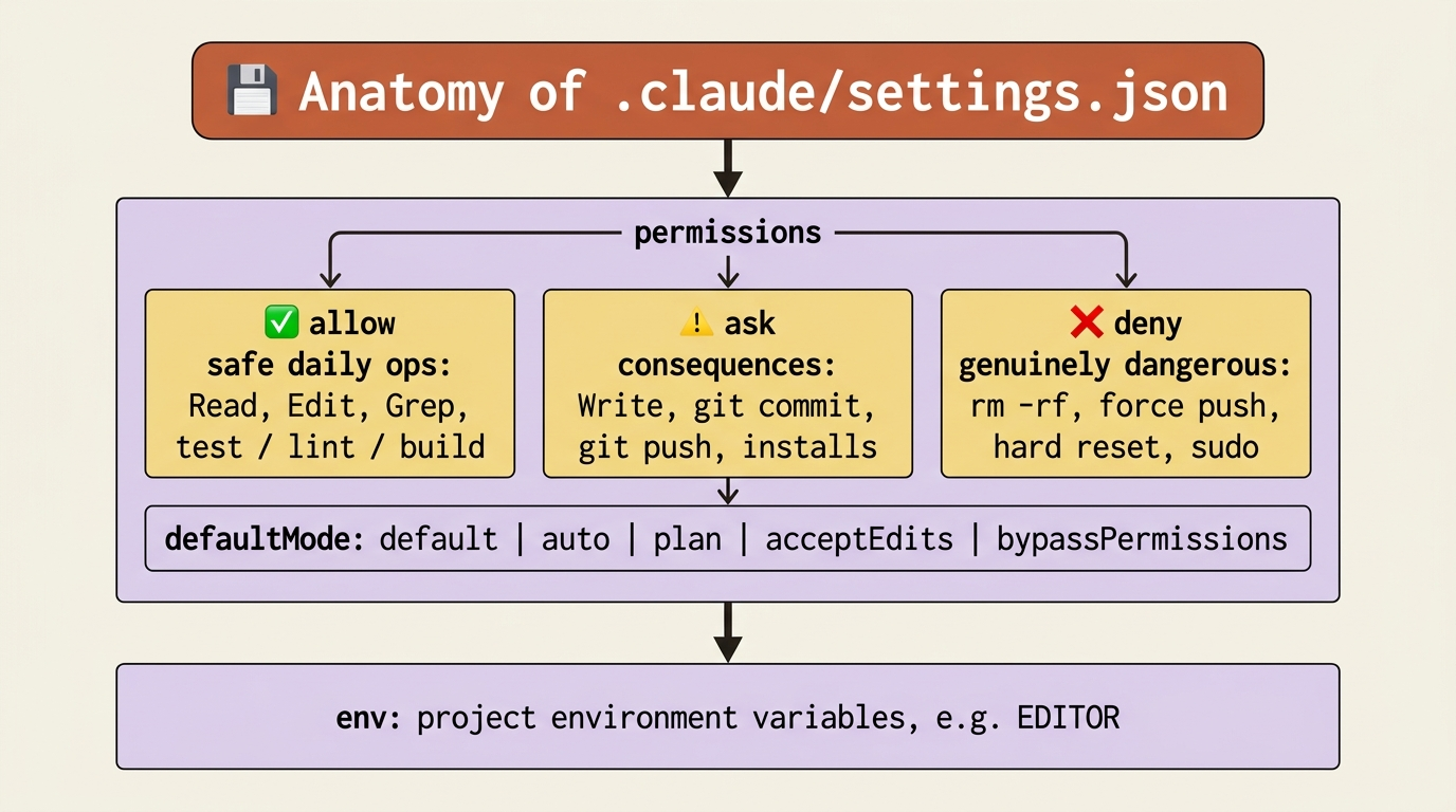 A block diagram of the .claude/settings.json anatomy: the permissions object with its allow, ask, and deny lists, the defaultMode setting, and the env block.