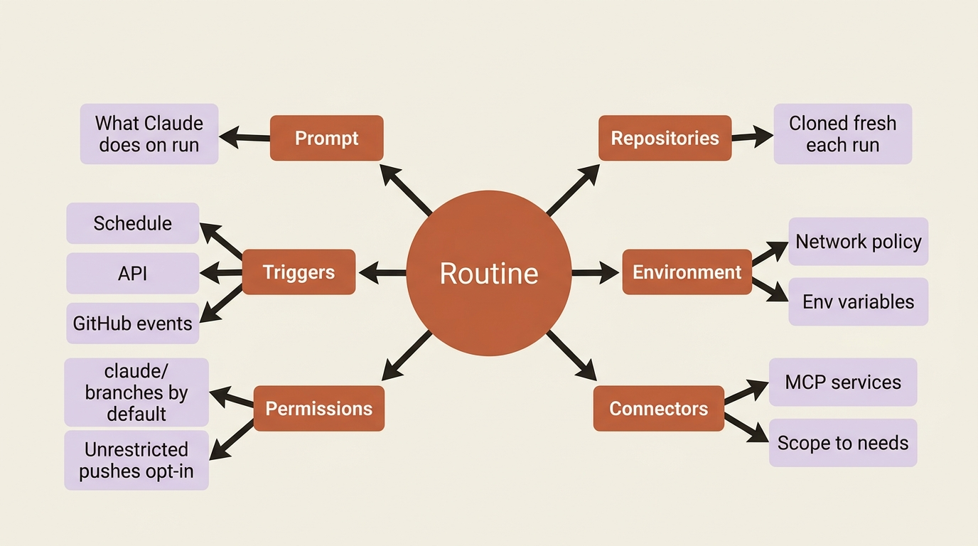 The six parts of a routine: the prompt, the repositories, the environment, the connectors, the permissions, and the triggers.