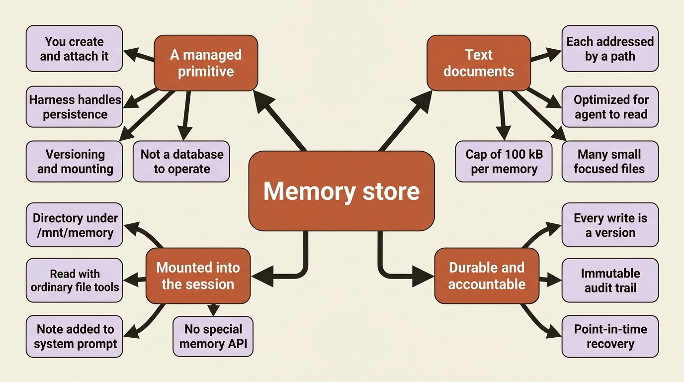 A memory store breaks down into four properties: a managed primitive, text documents addressed by path, mounted into the session, and durable with versioning.