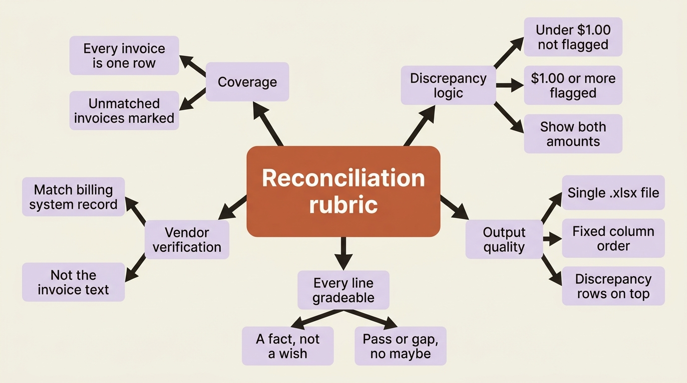 A mindmap of the reconciliation rubric: four categories of criteria, each a checkable fact rather than a wish.