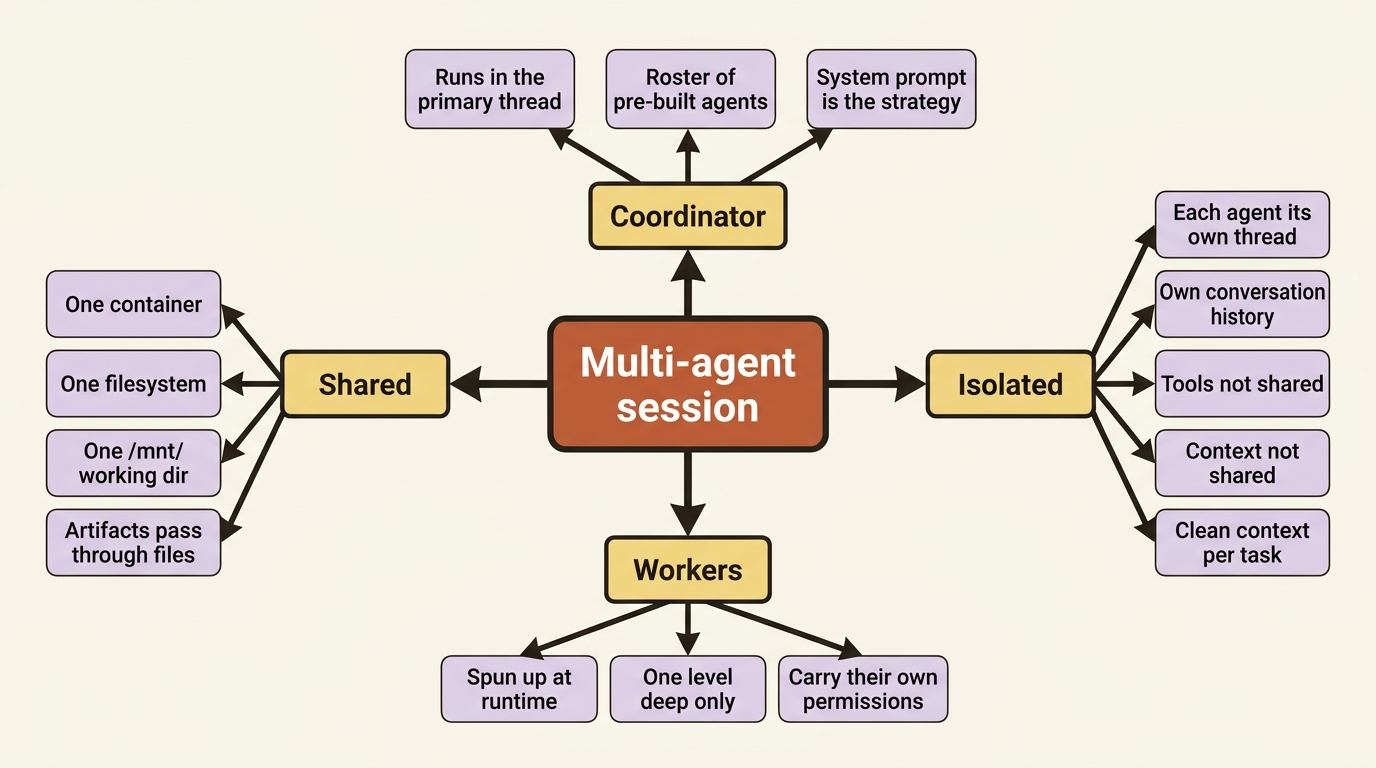 A mindmap of a multi-agent session: what is shared (one container, one filesystem), what is isolated (each agent's thread, history, tools), and the roles of coordinator and workers.
