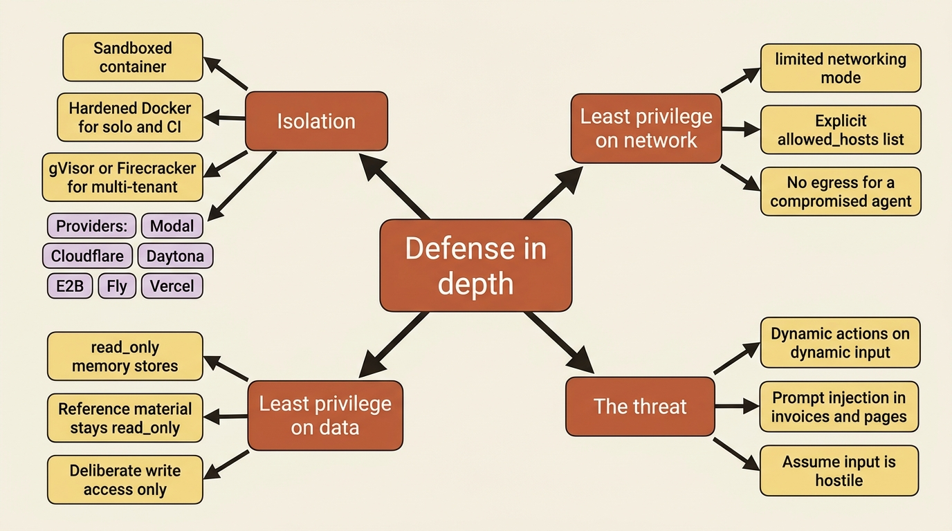 Defense in depth as four branches: isolation through sandboxed containers, least privilege on the network, least privilege on data through read-only memory, and the underlying threat of prompt injection on dynamic input.