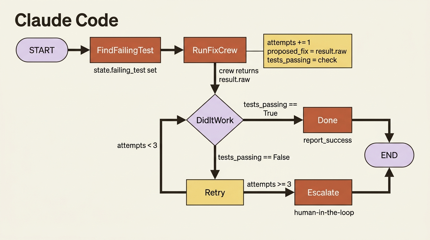 A state diagram of the bug-fixer Flow: start to find_failing_test to run_fix_crew to did_it_work, which branches to done on success or to retry, which loops back to run_fix_crew until attempts reaches three, at which point the Flow escalates to a human.
