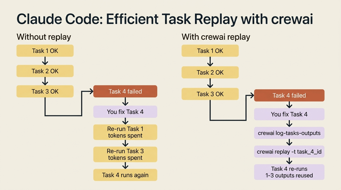Two debug loops compared: without replay you pay for every earlier task again, with replay only the changed task re-runs.