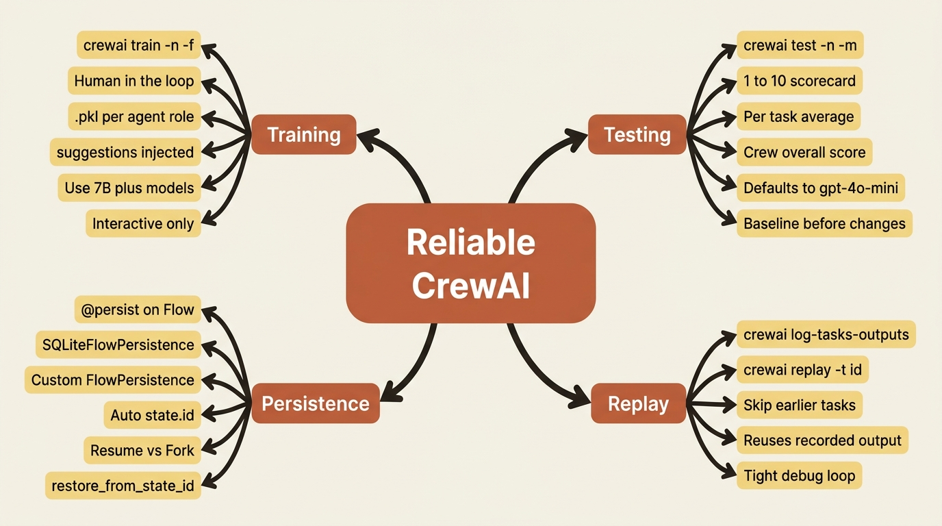 The reliability surface around a CrewAI project: four verbs, each closing a different gap between a working demo and trustworthy operation.