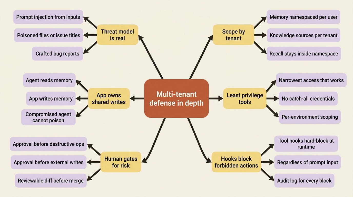 Defense in depth for a multi-tenant CrewAI deployment: per-tenant scope, least-privilege tools, hooks, human gates, and app-owned writes.
