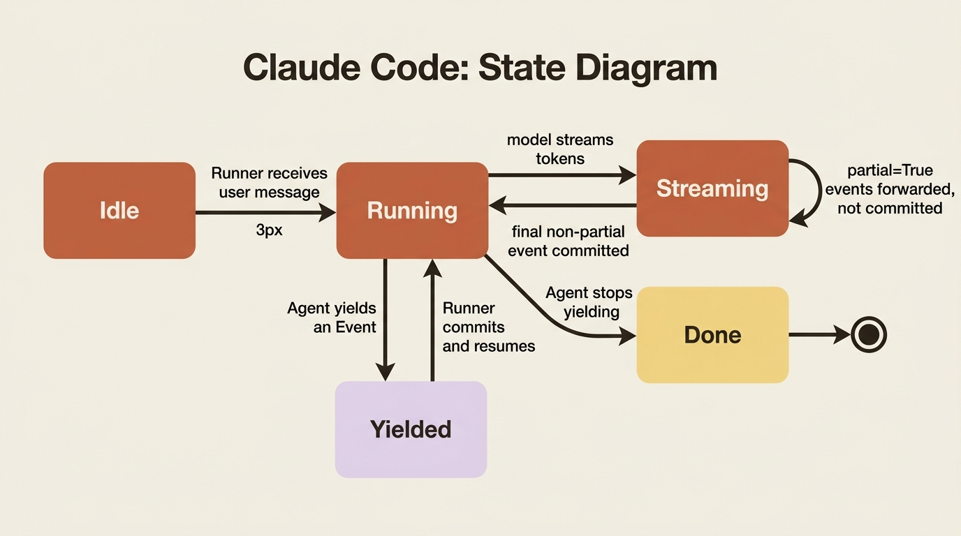 A state diagram of one invocation's lifecycle: idle to running on a user message, running yields events and resumes after each commit, streaming forwards partial events without committing until the final non-partial event commits, and the loop ends when the agent stops yielding.