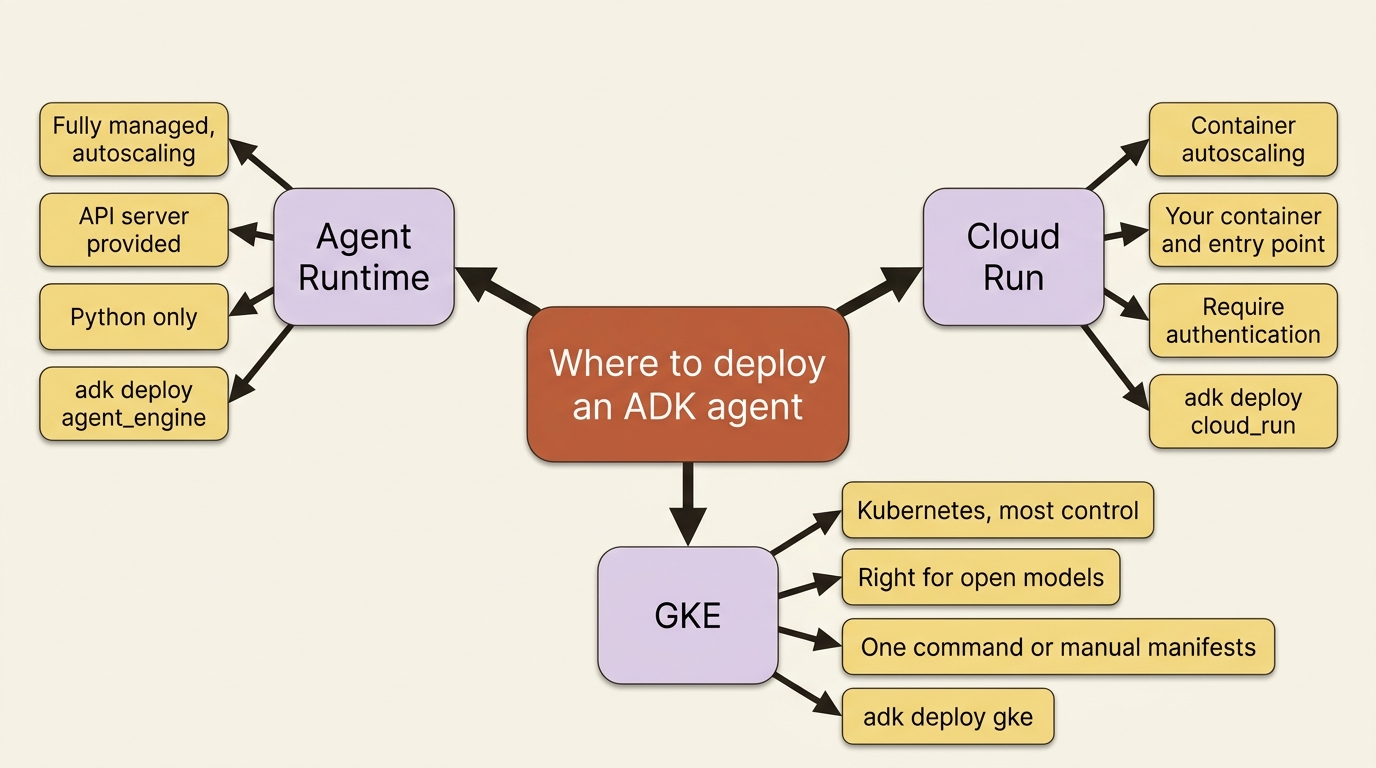 A mindmap of the three deployment paths: Agent Runtime for fully managed Python, Cloud Run for container autoscaling with more control, and GKE for Kubernetes-level control and open models.