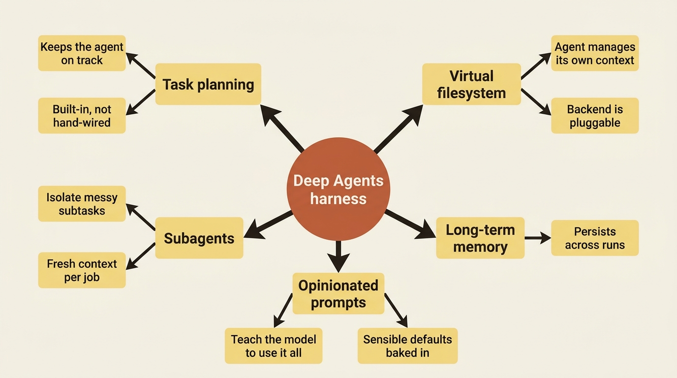 The Deep Agents harness bundles five capabilities: task planning, a virtual filesystem, subagents, long-term memory, and opinionated default prompts.