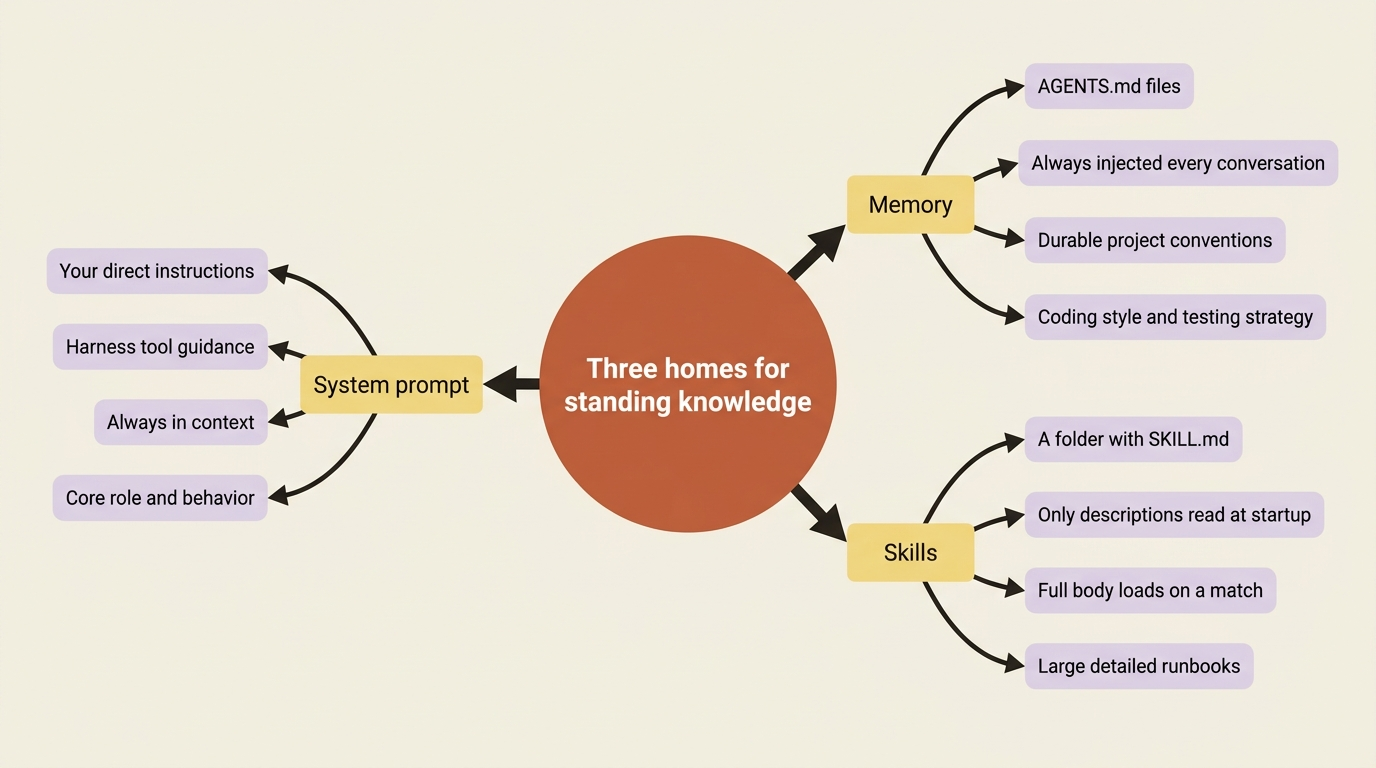 A mindmap of the three homes for an agent's standing knowledge: the system prompt for always-on instructions, memory for always-loaded project context, and skills for on-demand expertise.
