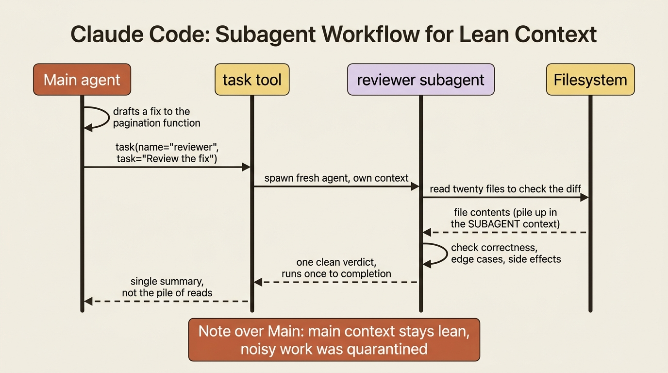 A sequence diagram of the main agent delegating a code review through the task tool to a reviewer subagent, which reads twenty files in its own context and returns a single clean verdict, leaving the main context lean.