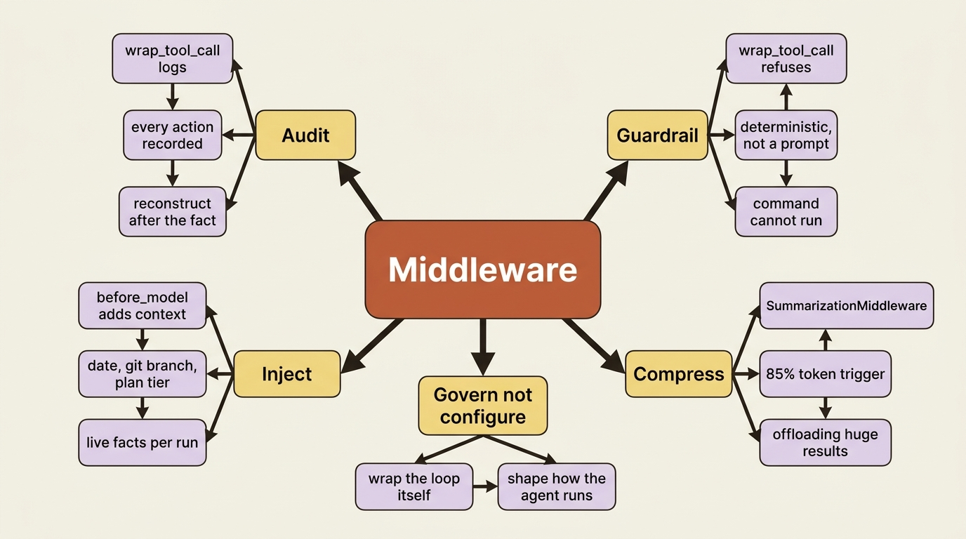 A mindmap of what middleware does: audit with wrap_tool_call, build guardrails with wrap_tool_call, inject live context with before_model, and compress conversations automatically, all under the theme of governing rather than configuring.