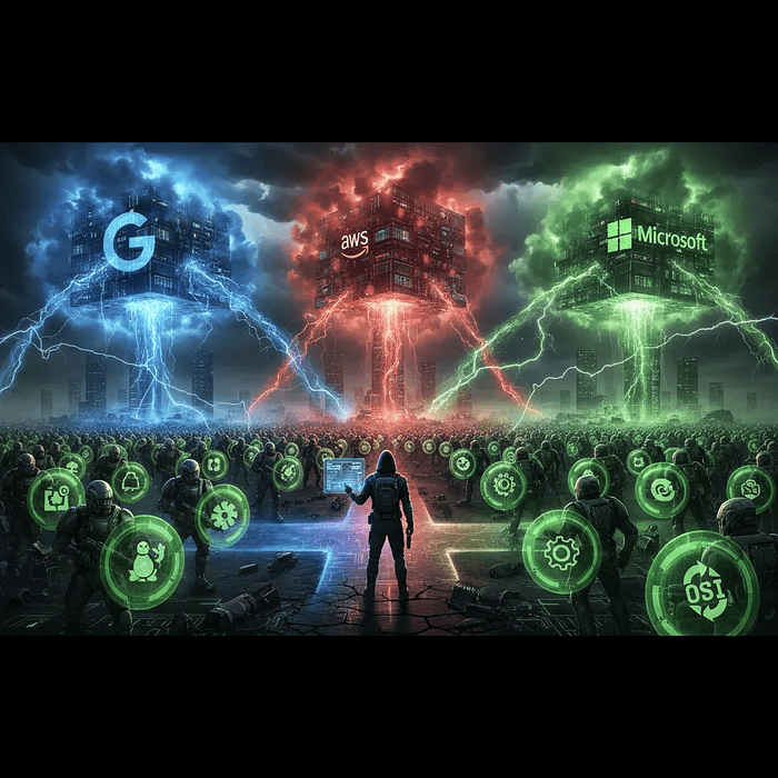 Dramatic battlefield visualization showing cloud fortresses versus open source warriors with a developer at a crossroads choosing their AI agent framework path