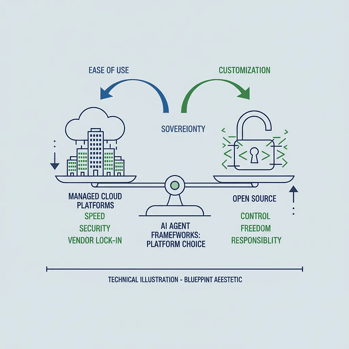 Balance scale diagram showing managed cloud platforms offering speed and security versus open source frameworks offering control and freedom