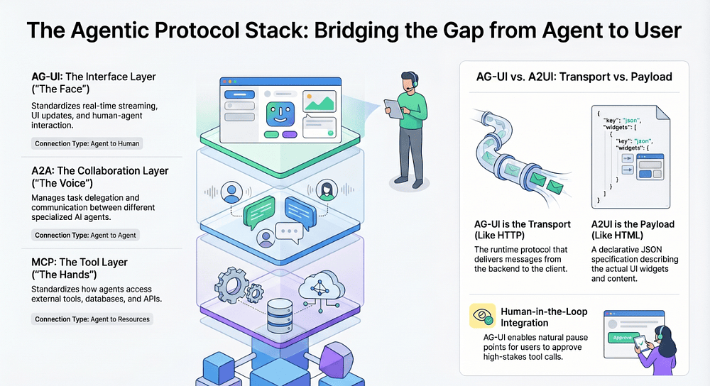 Three-layer agentic protocol stack: MCP for tools, A2A for agent-to-agent, AG-UI for real-time AI Agents user interface communication