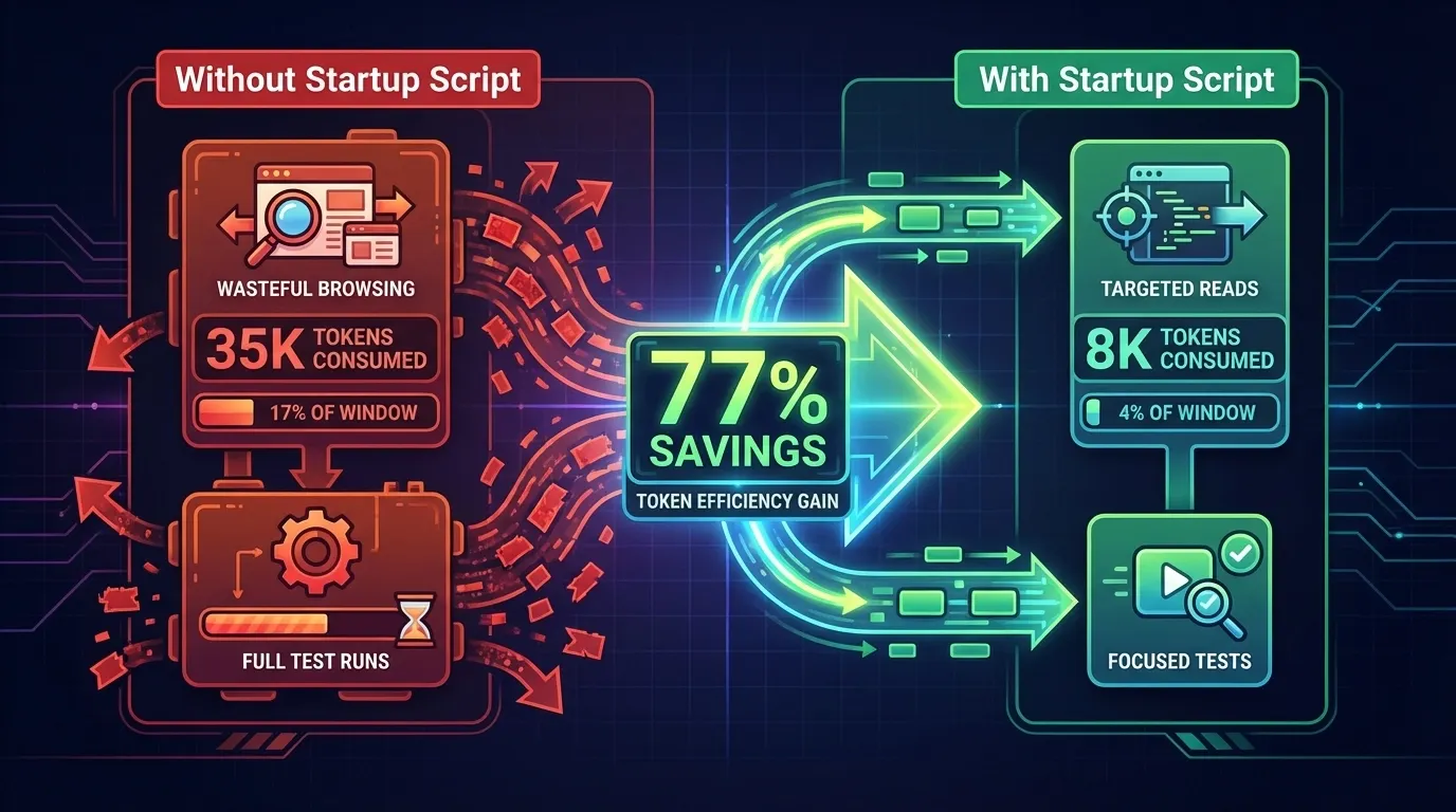 Harness Engineering: Startup script token savings: without a script consumes 35K tokens at 17% of window, with a script consumes only 8K tokens at 4% of window