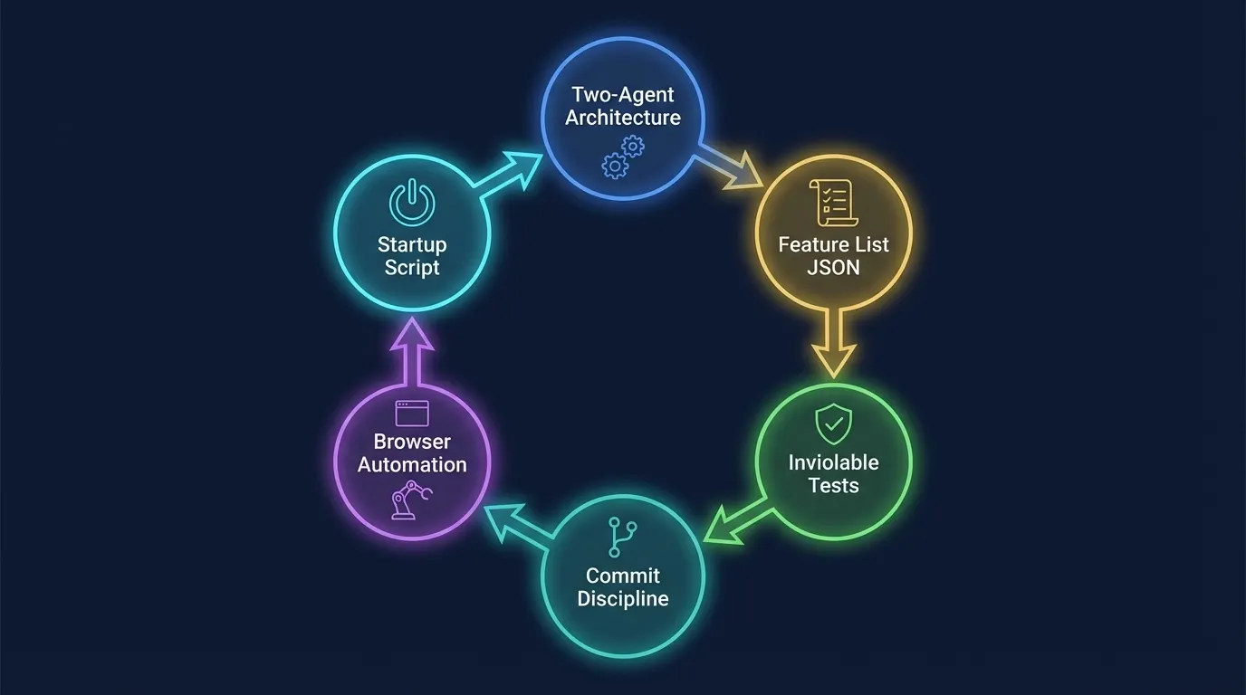 Complete harness engineering cycle: six interdependent patterns forming an integrated system from two-agent architecture through feature list, tests, commits, browser automation, and startup scripts