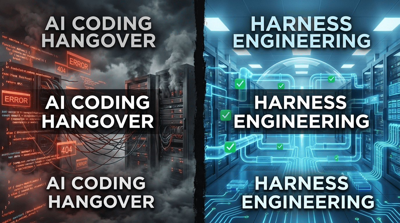 Chaotic AI-generated code on the left versus clean organized harness engineering architecture on the right, illustrating the contrast between uncontrolled AI code generation and structured harness engineering