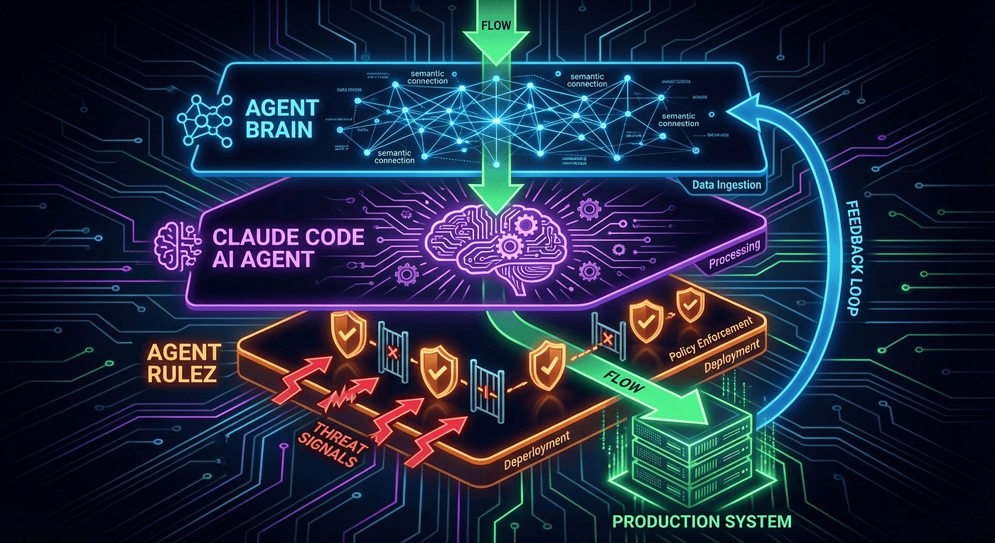Harness engineering solution stack showing Agent Brain for cross-project context, Claude Code AI Agent, Agent RuleZ for policy enforcement, and Agent Skills for validated workflow patterns with feedback loops connecting all layers