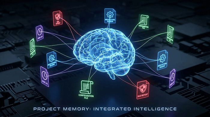Glowing neural network brain connected to floating document icons representing project memory with bugs, decisions, and configuration files for qucik recall