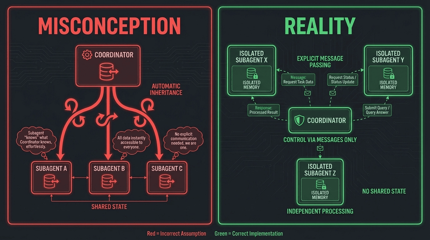 Claude Certified Architect Multi-Agent Research: Context isolation in multi-agent systems: misconception of automatic inheritance vs reality of explicit context passing only