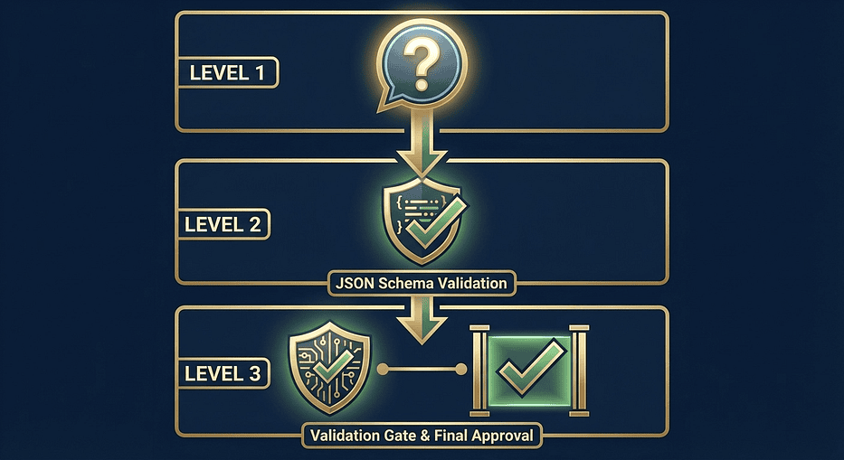 Three-layer reliability model: prompt guidance, schema enforcement, programmatic validation