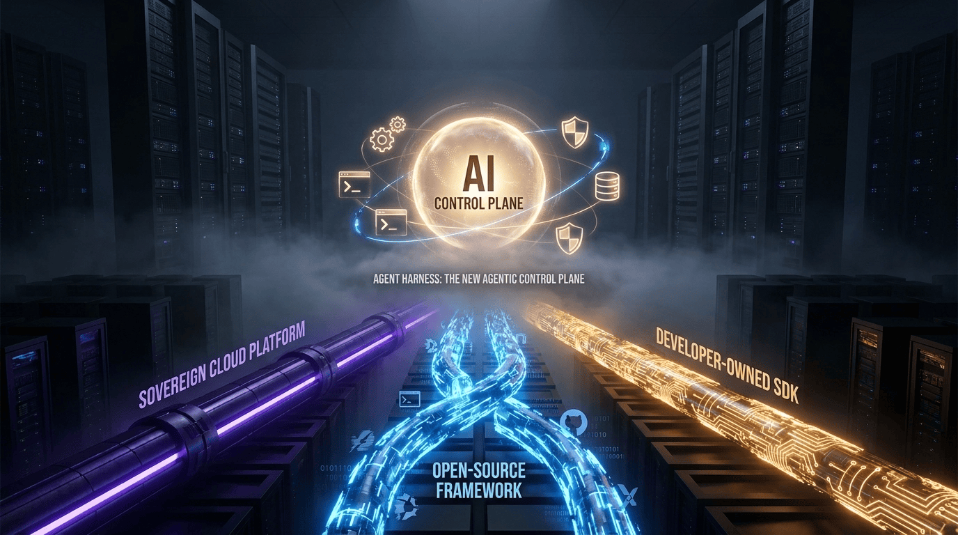 Three glowing pathways representing Anthropic, LangChain, and OpenAI agent frameworks converging at a central AI control plane orb