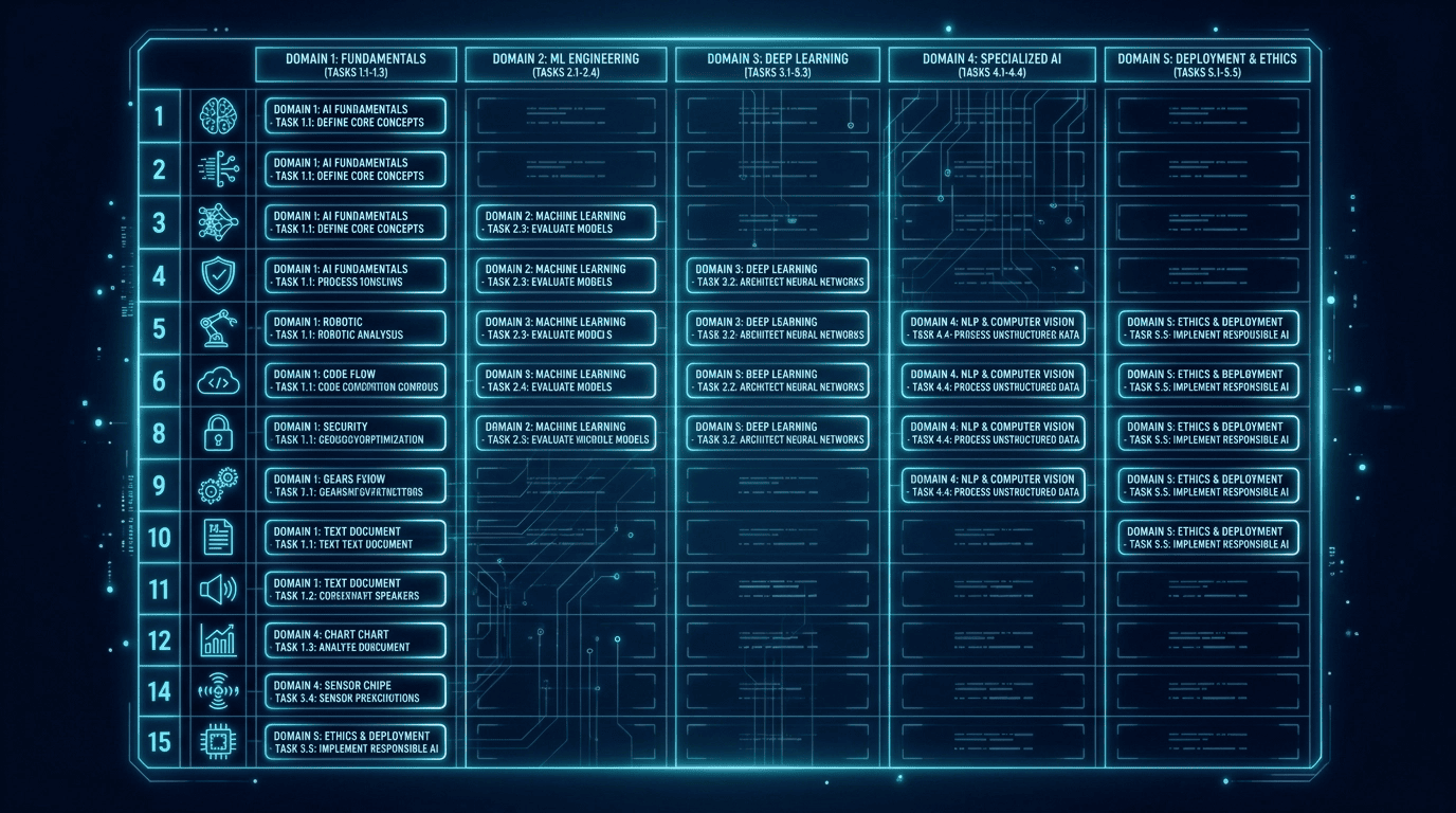 CCA exam prep quick reference: 15 AI Agents gaps mapped across five exam domains with task statement numbers