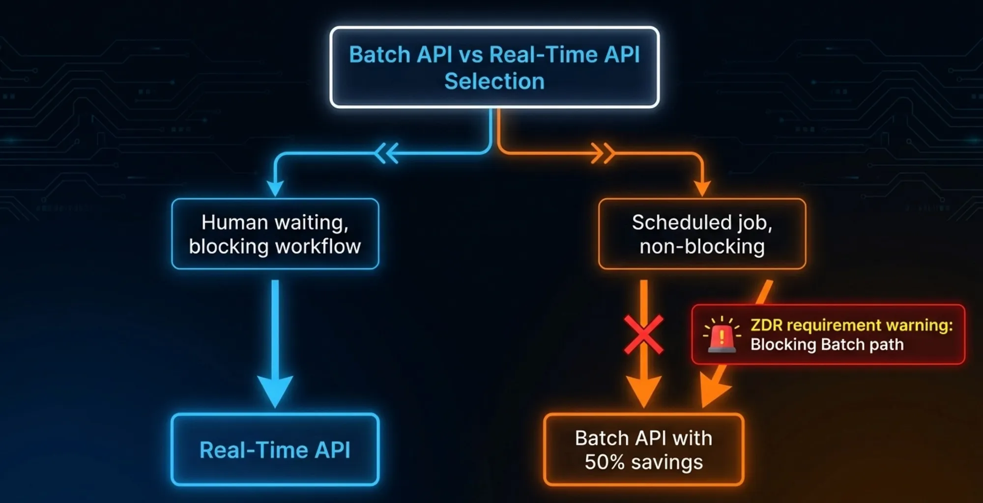 Batch API vs real-time API decision tree with ZDR zero data retention constraint path -- Claude Certified Architect Foundation Exam Prep